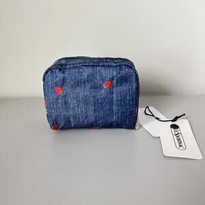 Lesportsac Strawberry Embroidery Denim Small Square Cosmetic Bag NWT